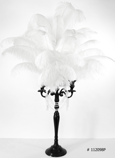 White ostrich feather centerpieces with black candelabra # 112098P 58 inch tall