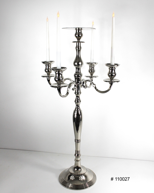 Silver Candelabra with 4 taper Led Candles and plate for florals # 110027