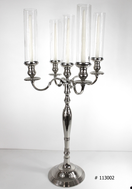 Silver Candelabra with tall taper candles and glass hurricanes 38 inch tall # 113002