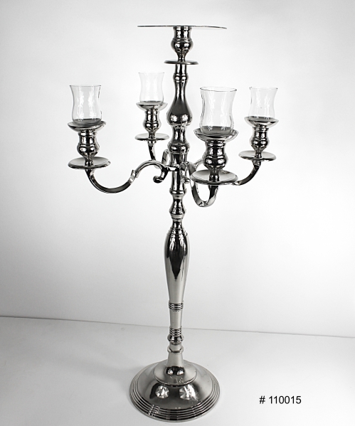ilver candelabra 38 inch tall with 4 glass votives and plate in middle for flowers # 110015