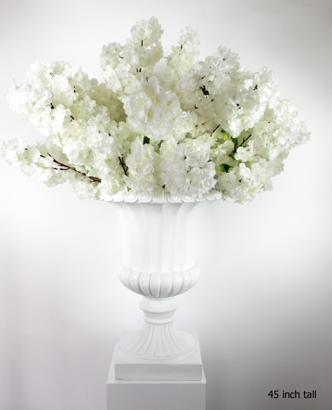 white cherry blossoms on a white planter 45 inches total height