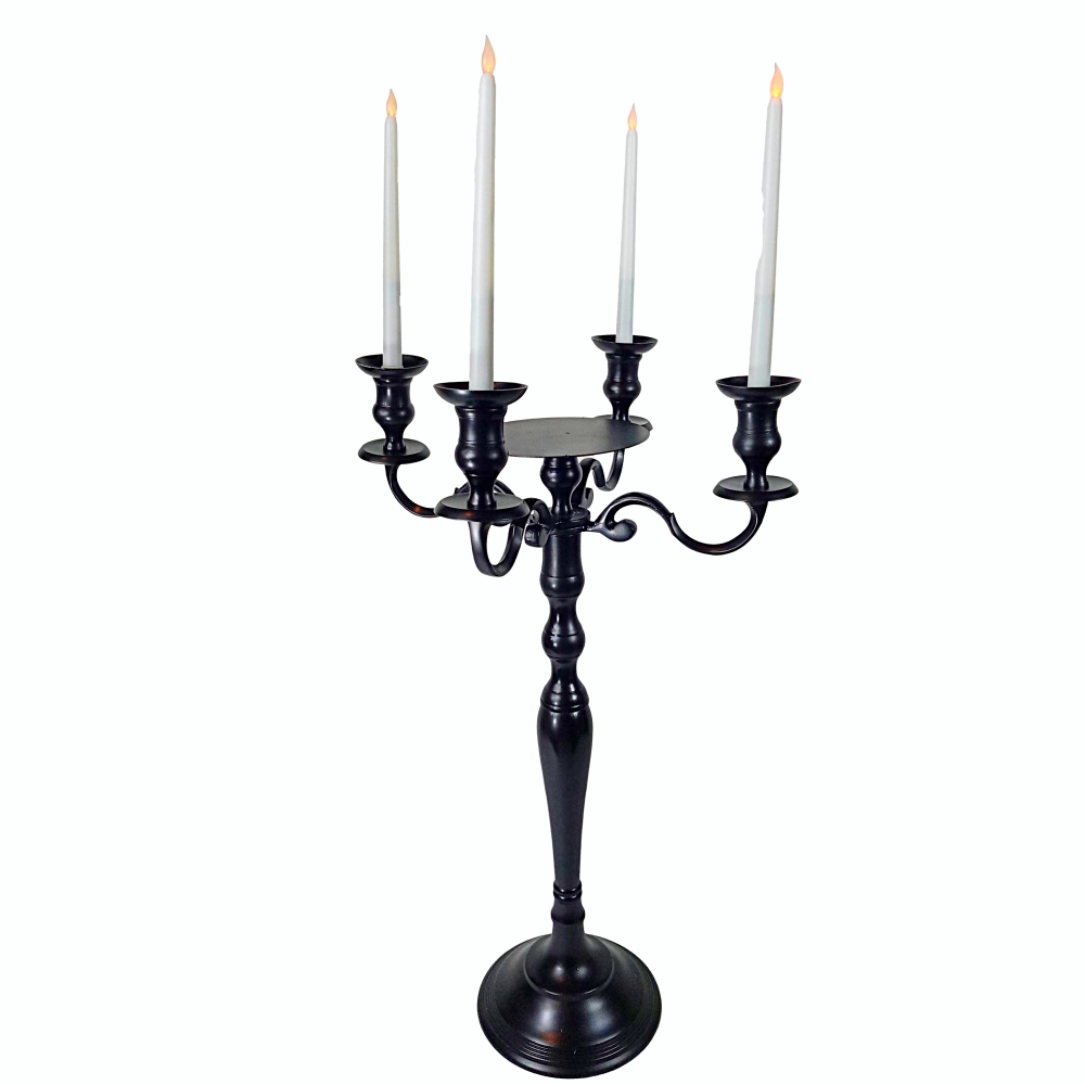 Black Candelabra with Plate for florals and 4 LED taper Candles # 110044 33 inch tall