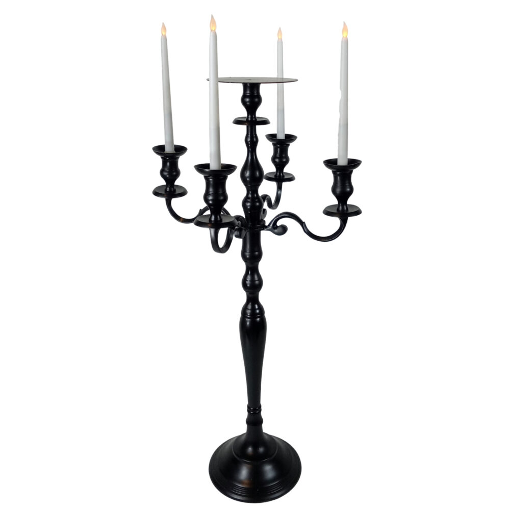 Black Candelabra with Round plate for Florals and 4 LED taper Candles # 110043 38 inch tall