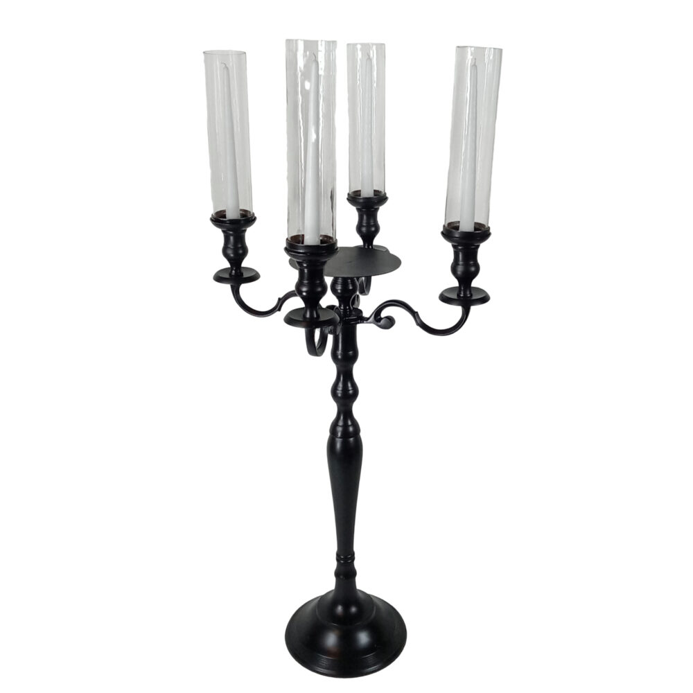 Black Candelabra with plate for florals 33 inch tall with 4 taper candles and 4 tall glass tube covers # 113011