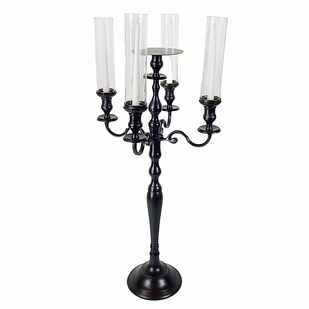 Black Candelabra with round top for florals 4 taper candels and 4 glass tall tube covers 38 inch tall # 113009