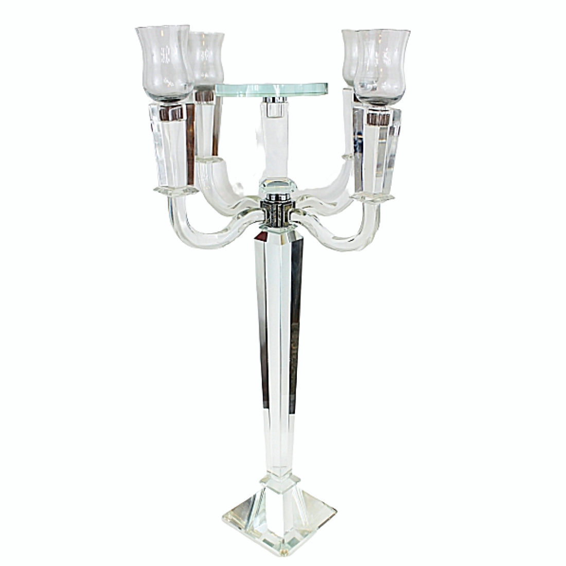 Crystal Candelabra with crystal plate in the middle with 4 glass votive holders 30 inch tall # 110091