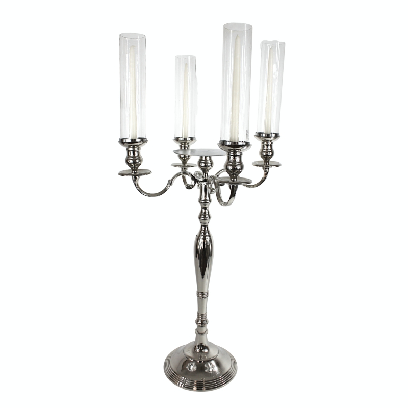 Silver candelabra with taper candles and tall glass tubes with plate in the middle # 113003