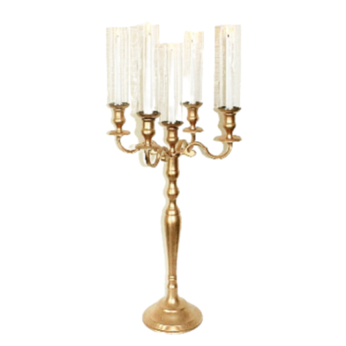gold candelabra with 5 glass tubes and taper candles 40 inch tall # 113006