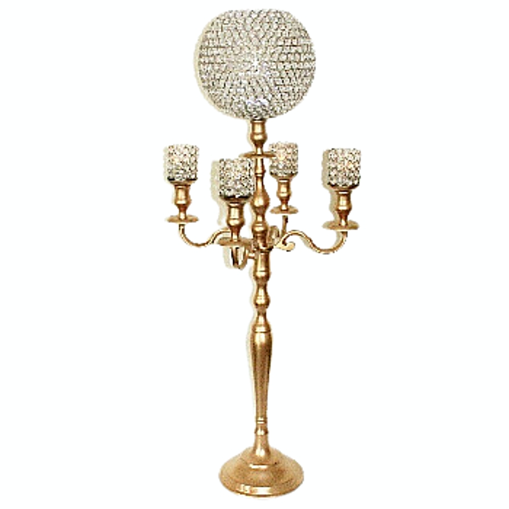 Gold Candelabra with large crsytal ball and 4 crystal votives # 110007 45 inch tall