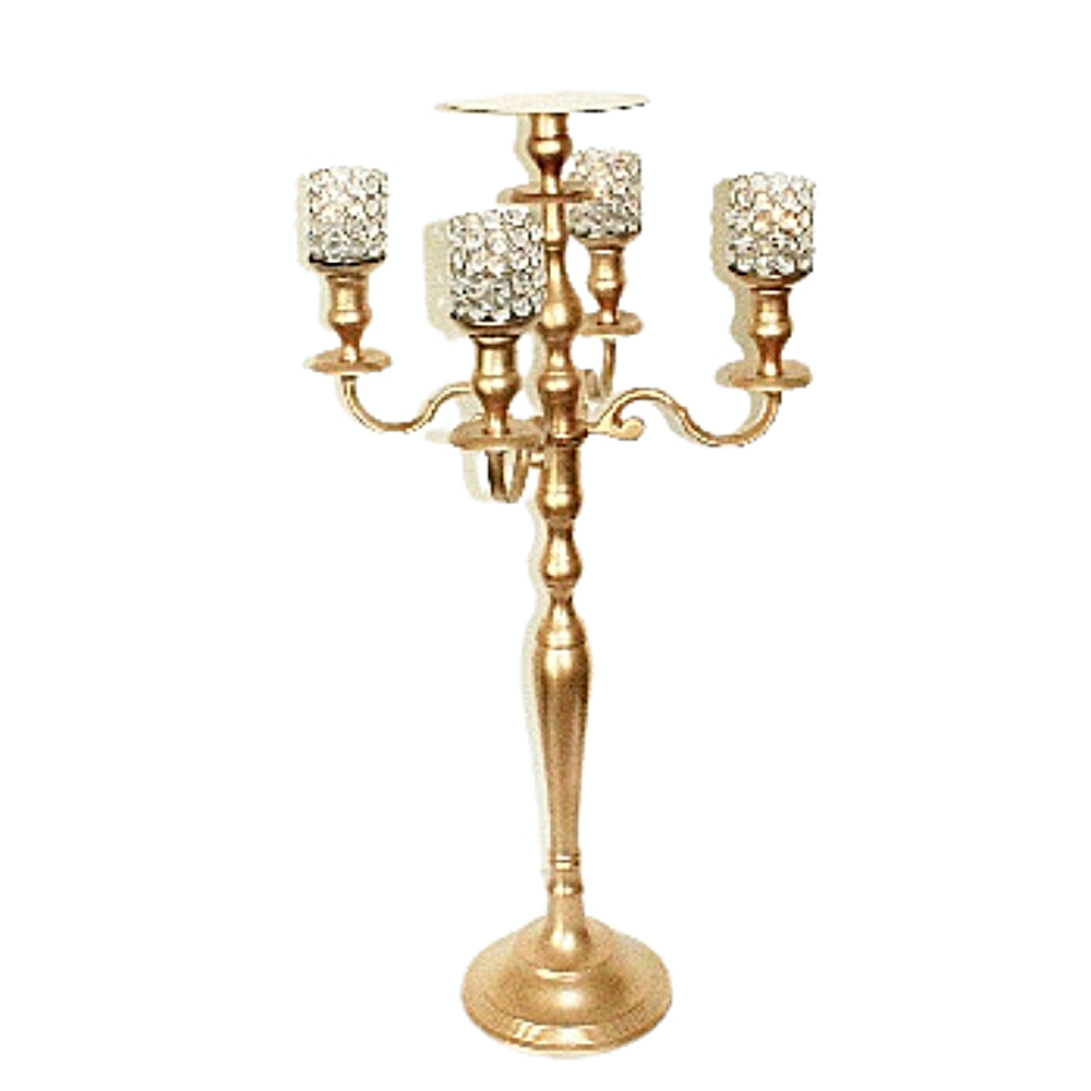 Gold Candelabra with plate in the middle for florals and 4 crystal votive holders # 113013 36 inch tall