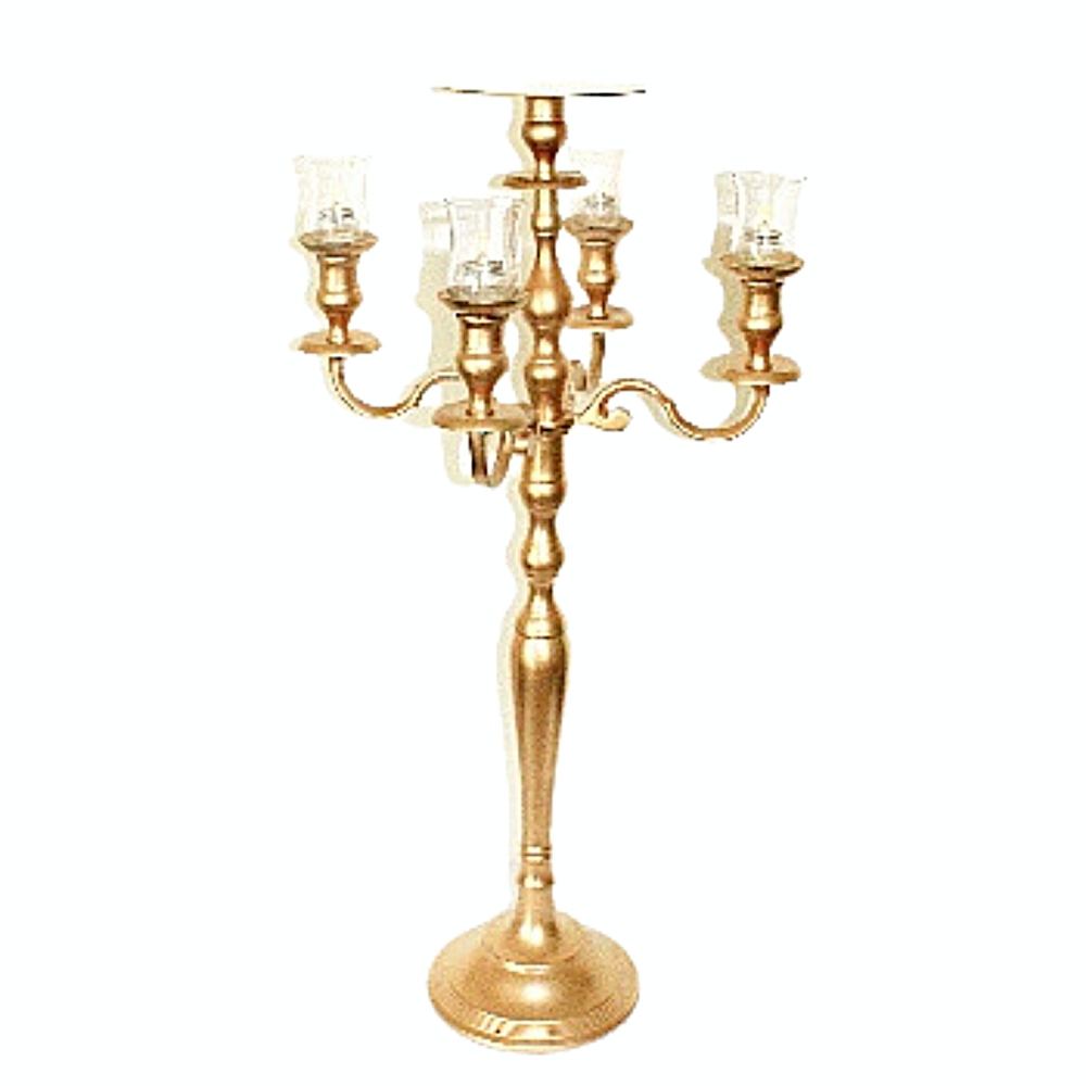 Gold Candelabras with plate for florals and 4 glass votive holders # 100010 36 inch tall
