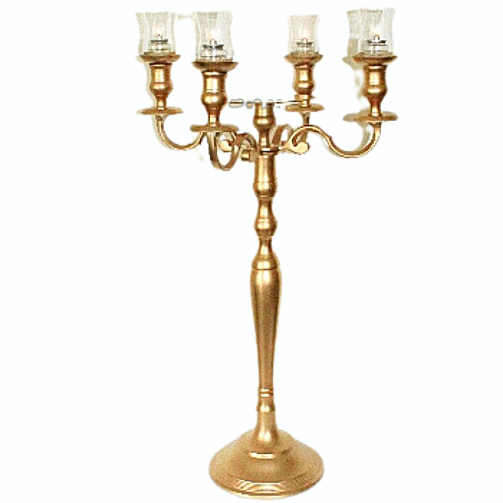 Gold candelabra with plate in the middle for florals and 4 glass votive holders # 1100101 33 inch tall