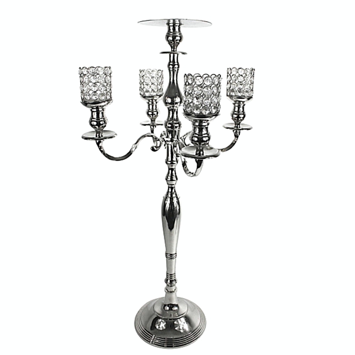 Silver Candelabra # 110060 38 inch tall with crystal votives and plate in middle for florals