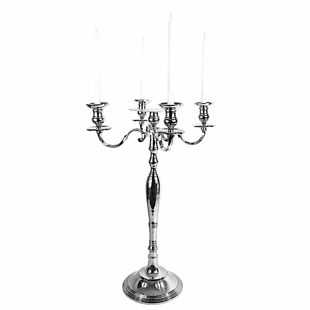 Silver Candelabra with 4 LED taper Candles and plate in middle for florals 38 Inch tall # 110027