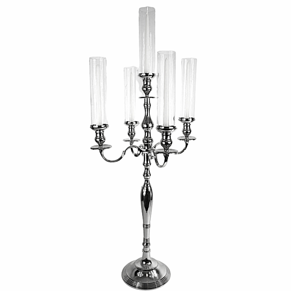 Silver Candelabra with 5 Taper Candles and 5 Glass Hurricane tubes # 113000 45 inch tall
