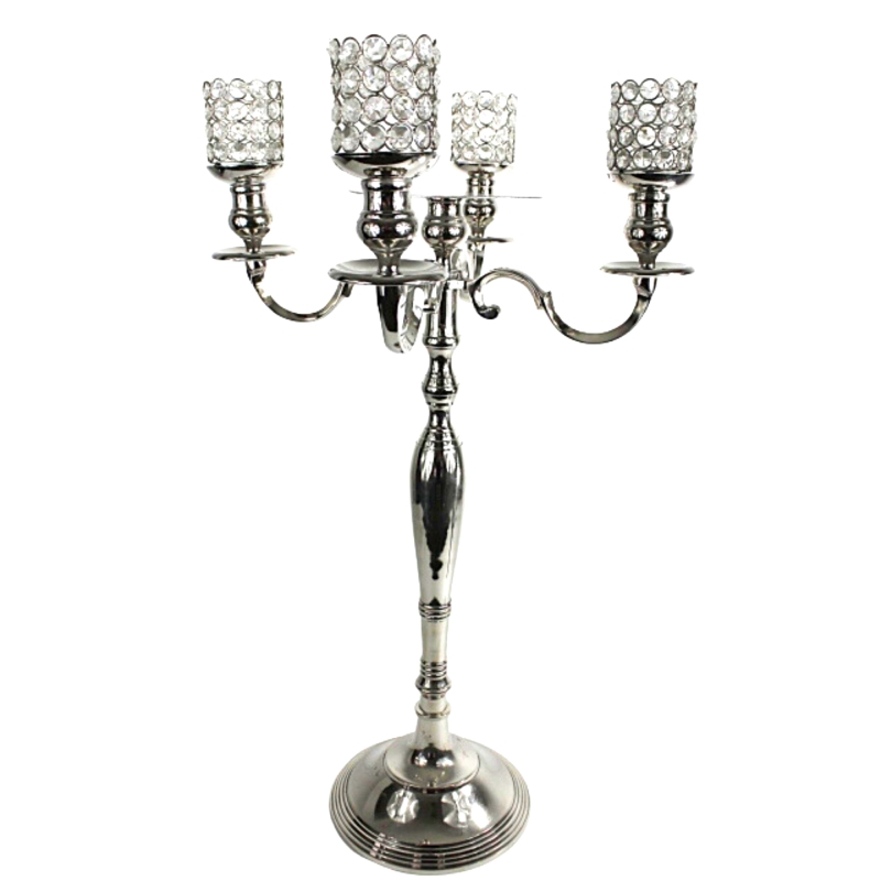 Silver Candelabra with 4 crystal votives and plate for flowers # 110061 33 inch tall