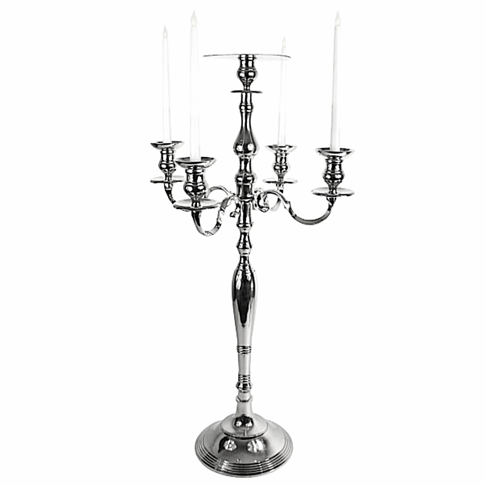 Silver Candelabra with plate in the middle for florals and 4 LED Taper Candles #1100271 38 inch tall