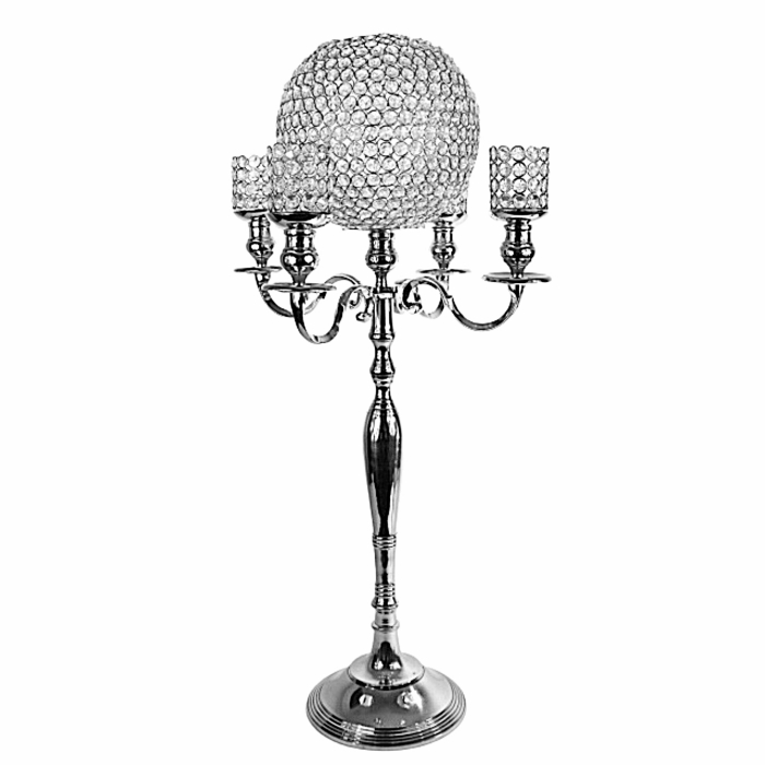 Silver Candelabra with Large Crystal ball and 4 crystal votives # 110020 38 inch tall