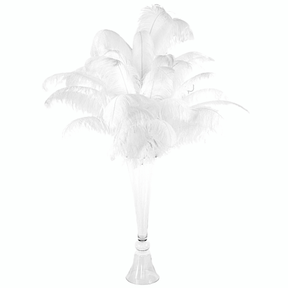 hite Ostrich Feather Centerpieces on a Clear Trumpet Vase 58 inch tall # 113156