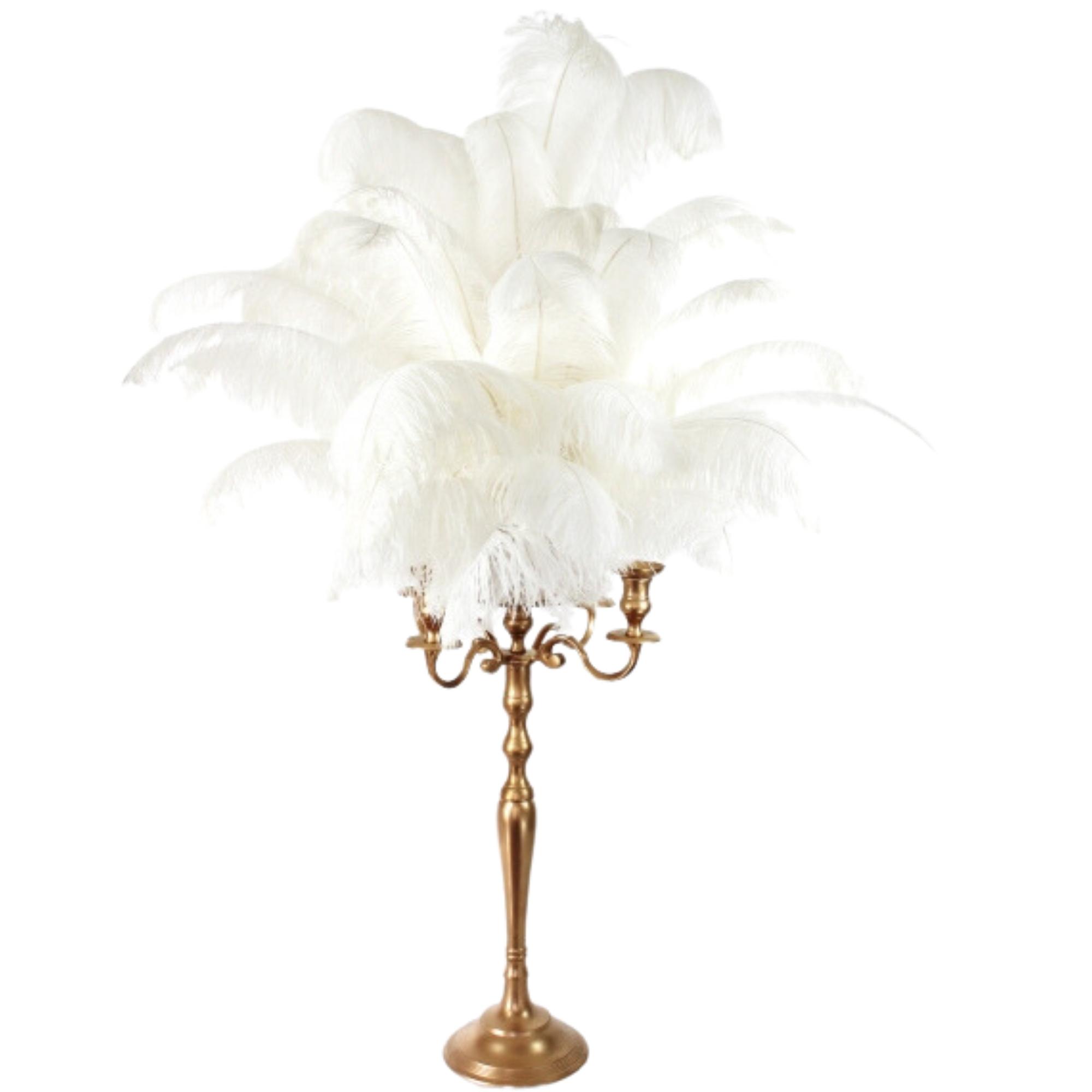 White Ostrich feather centerpiece on gold candelabra 58 inch tall # 113052