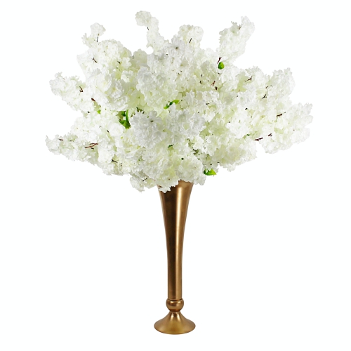 White cherry blossom centerpiece on a gold vase 50 inch tall # 1130892
