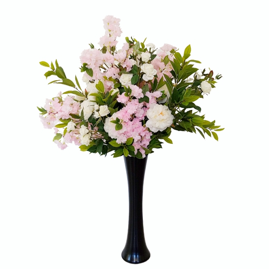 pink cherry blossoms with greens and white roses and white peonies on black vase