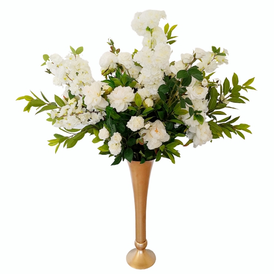 white cherry blossoms with green leaves white roses and white peonies on gold vase