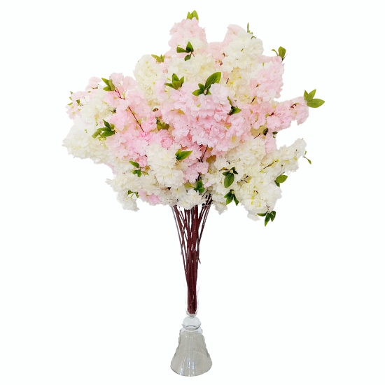 white pink cherry blossoms on a clear vase 50 inch tall